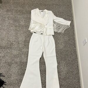 Nasty Gal White two piece set white blazer with fringe & bell bottompants size 6